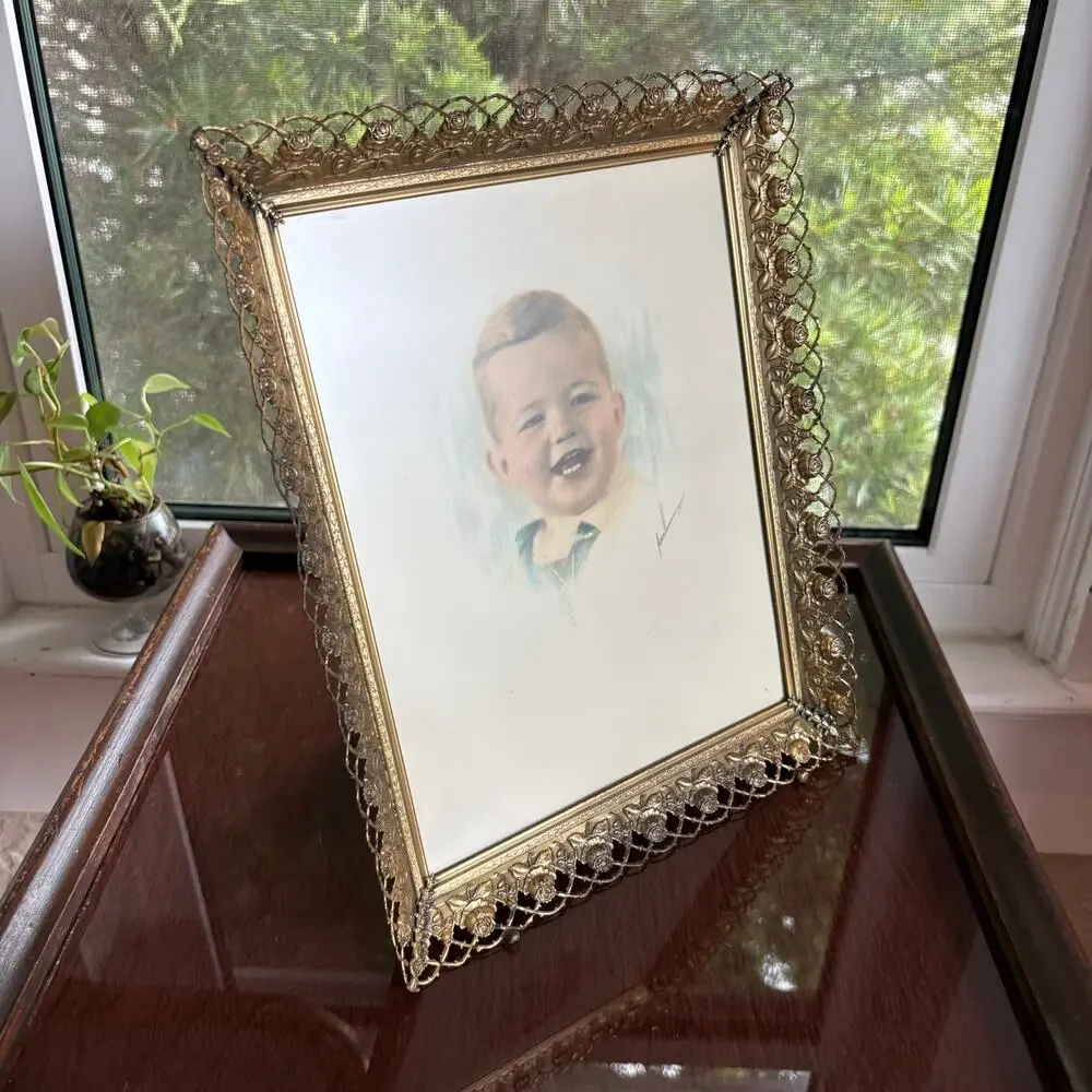 Vintage Signed Baby Portrait Drawing in Gold Tone Rose Filigree Frame